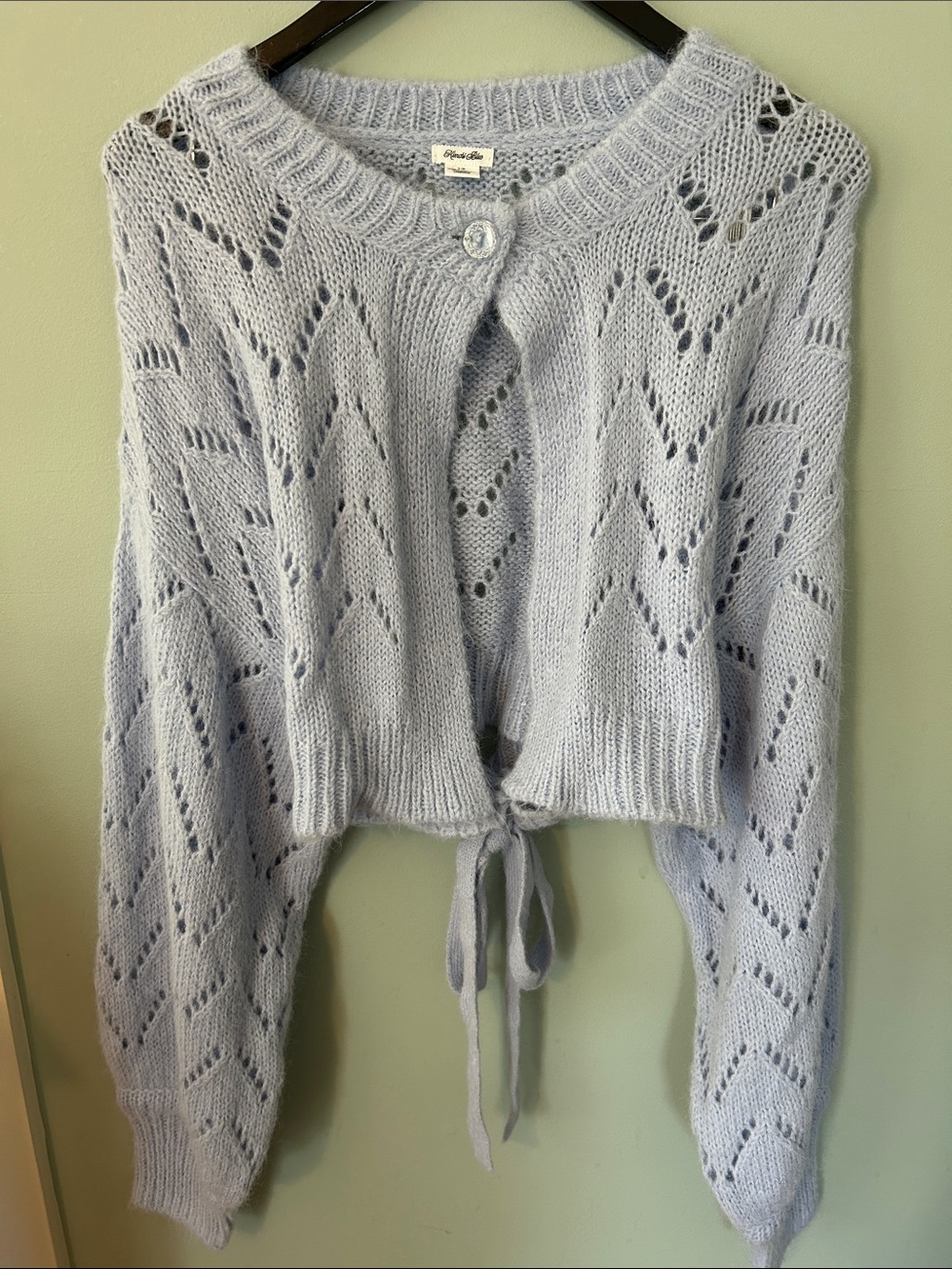 Kimchi Blue Powder Blue Pointelle Tie-Back Cropped Cardigan - size large - Picture 3 of 8